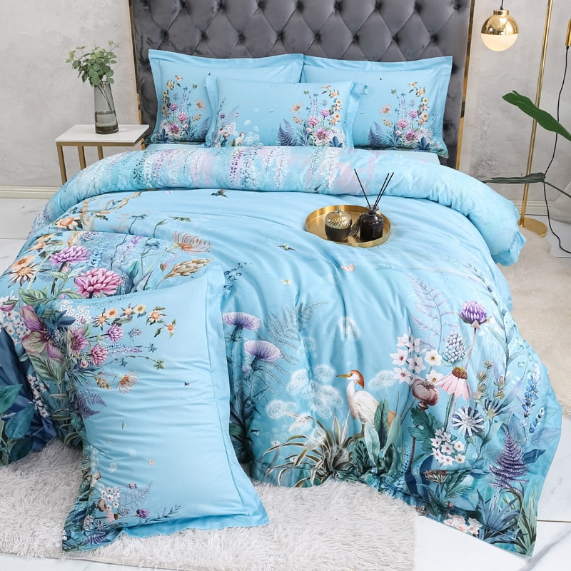 Botanical Sky Blue Duvet Cover Set (Egyptian Cotton, 500 TC)