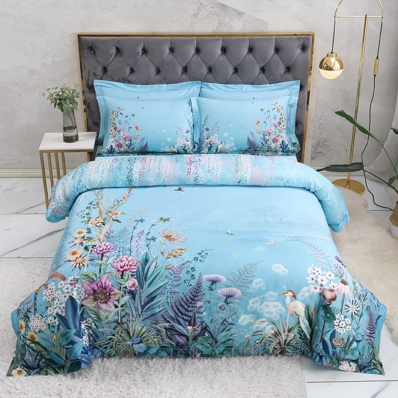 Set copripiumino Botanical Sky Blue (cotone egiziano, 500 TC)