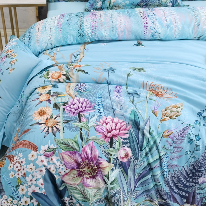 Botanical Sky Blue Duvet Cover Set (Egyptian Cotton, 500 TC)