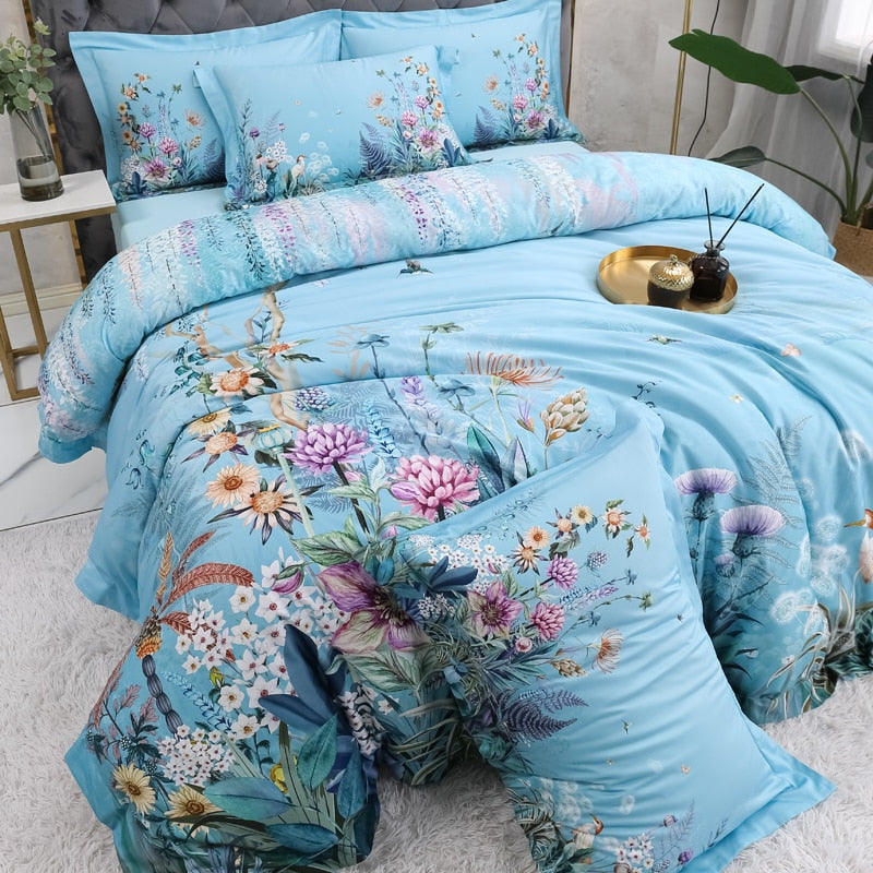 Set copripiumino Botanical Sky Blue (cotone egiziano, 500 TC)