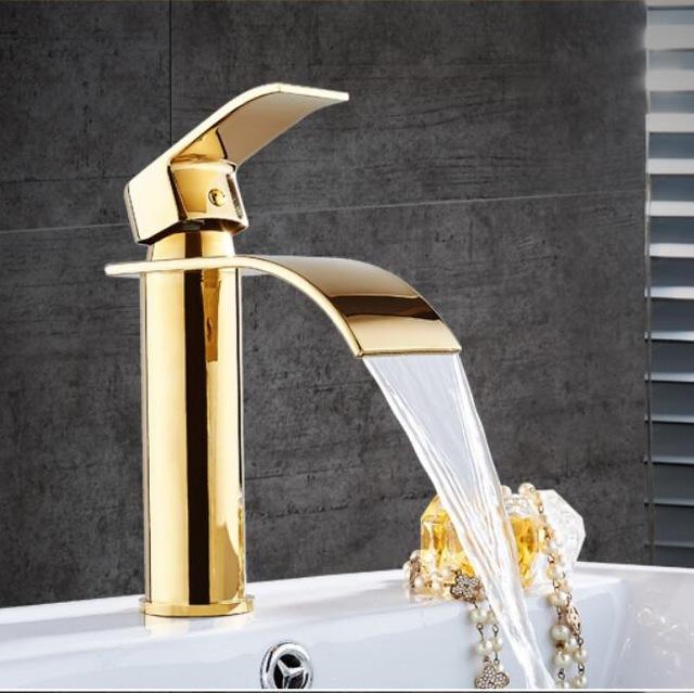 Mässing Guld & White Waterfall Lyx Badrumsblandare - Modern Däcksmonterad Tvättställsblandare med ett handtag