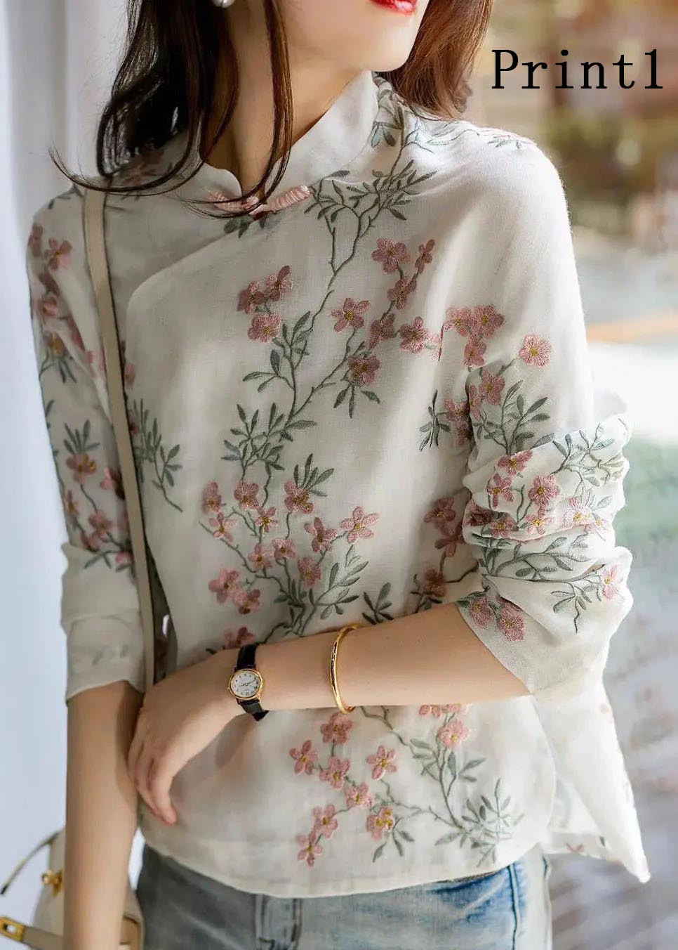 Unique Beige Print Linen Blouses Spring