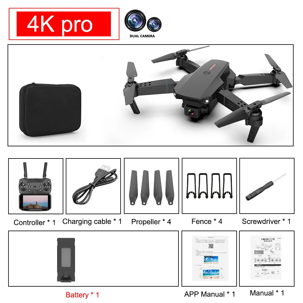 E88 Pro Skládací Kvadrikoptéra - WIFI FPV, HD 4K Kamera, Udržení Výšky