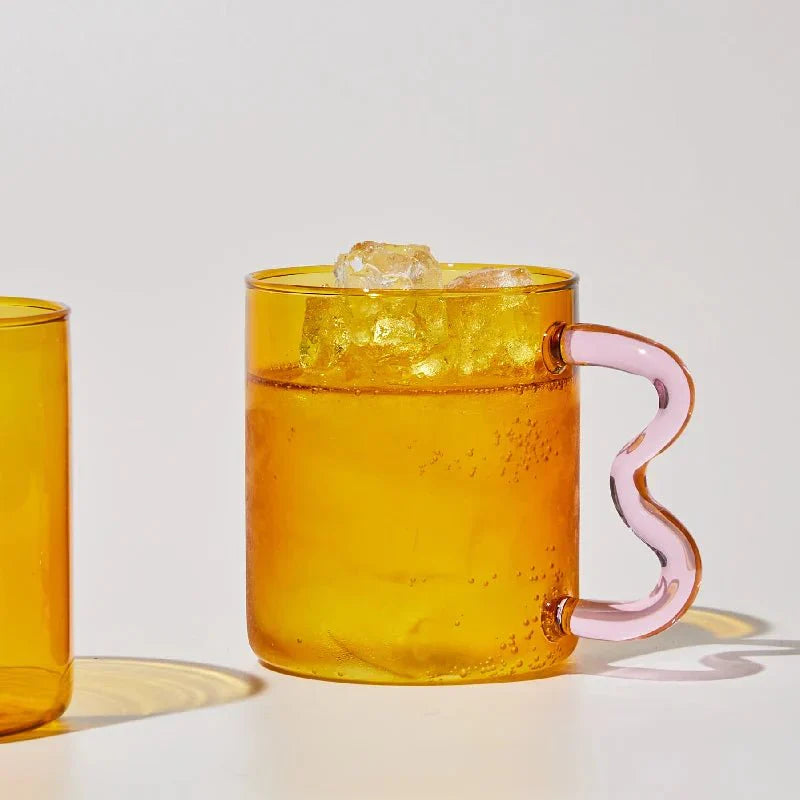 Colourful Glass Coffee Mug With Squiggle Handle