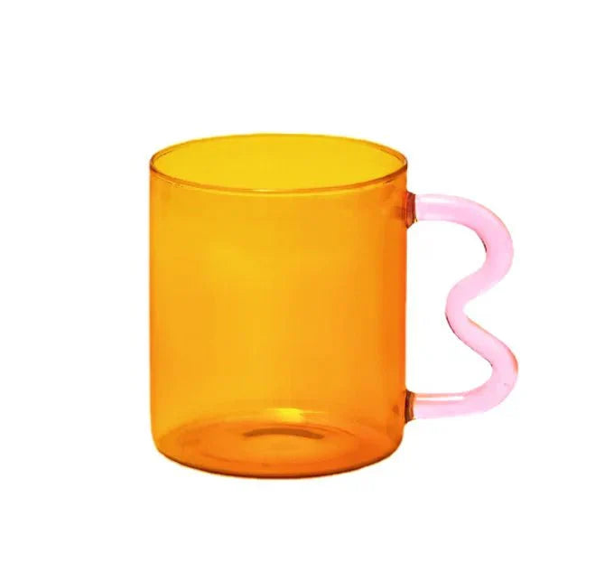 Colourful Glass Coffee Mug With Squiggle Handle