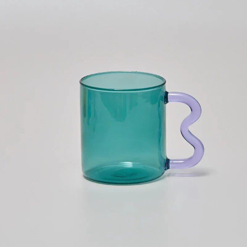 Colourful Glass Coffee Mug With Squiggle Handle