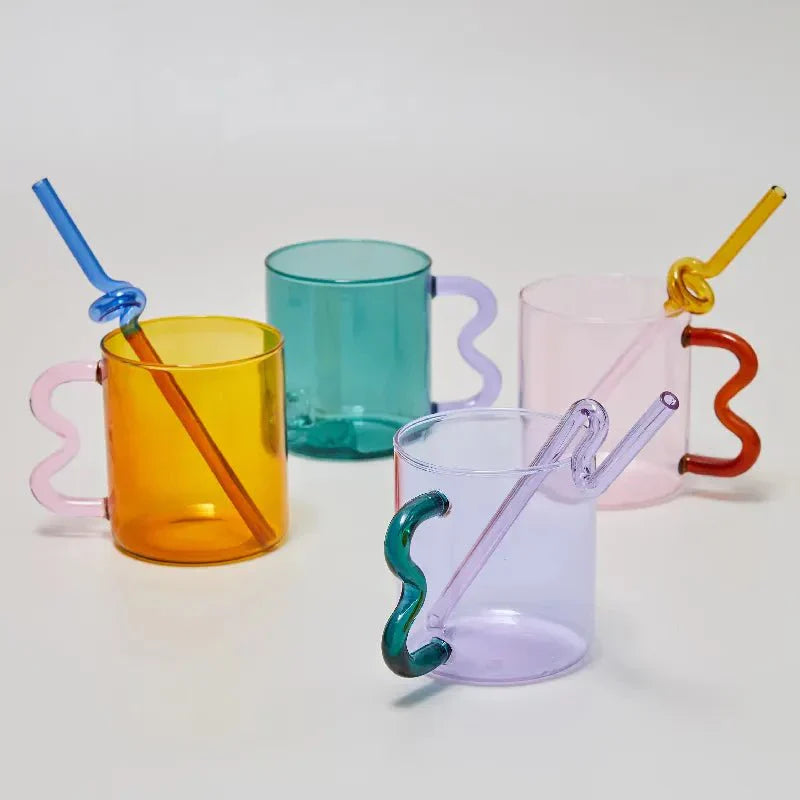 Colourful Glass Coffee Mug With Squiggle Handle