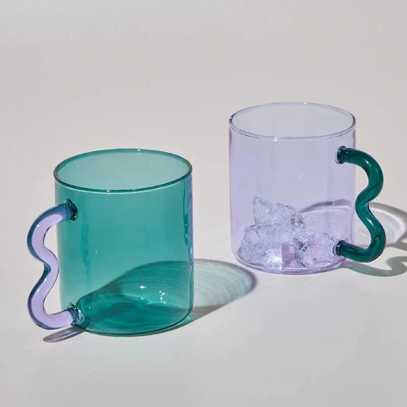 Colourful Glass Coffee Mug With Squiggle Handle