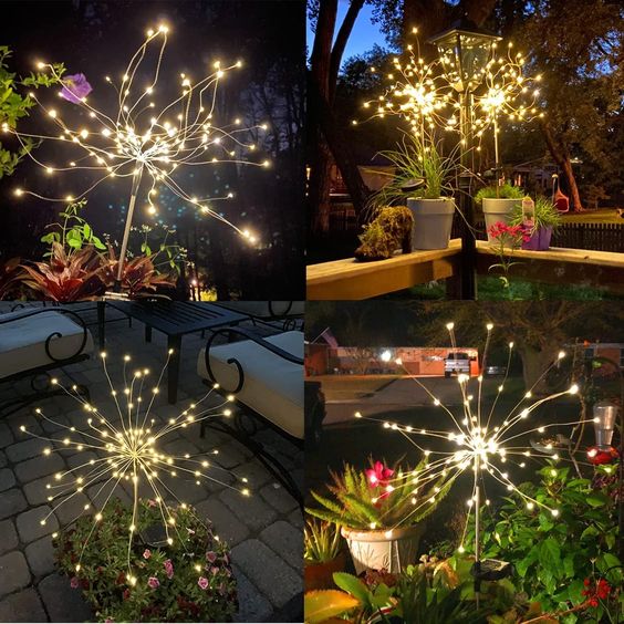 Luces solares de fuegos artificiales para jardín de 4 piezas: luces LED para exteriores resistentes a la intemperie IP65 con modos ajustables y diseño de bricolaje