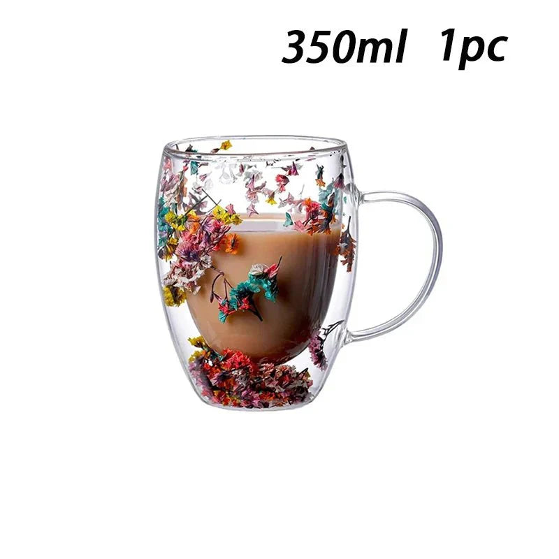 Double Wall Insulated Floral Glass Coffee Mugs