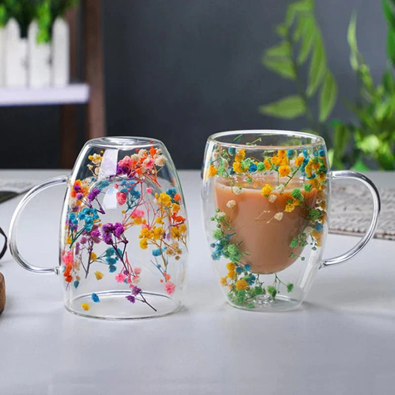 Double Wall Insulated Floral Glass Coffee Mugs