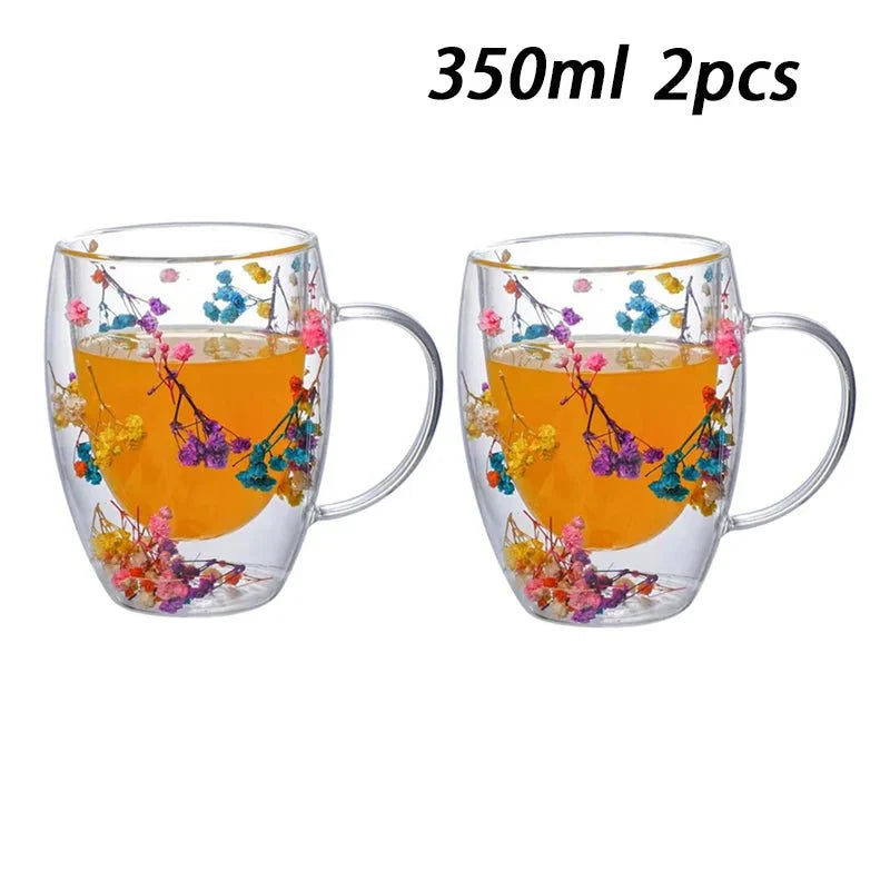 Double Wall Insulated Floral Glass Coffee Mugs