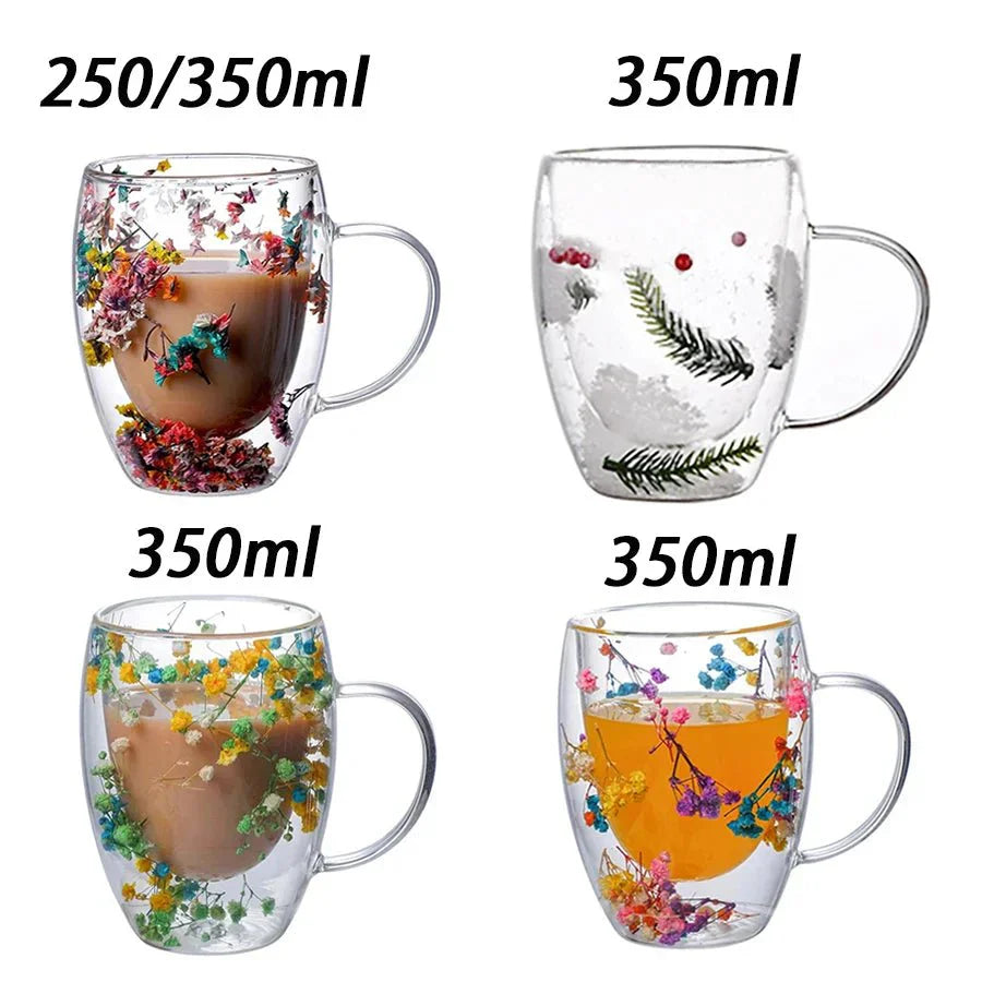 Double Wall Insulated Floral Glass Coffee Mugs