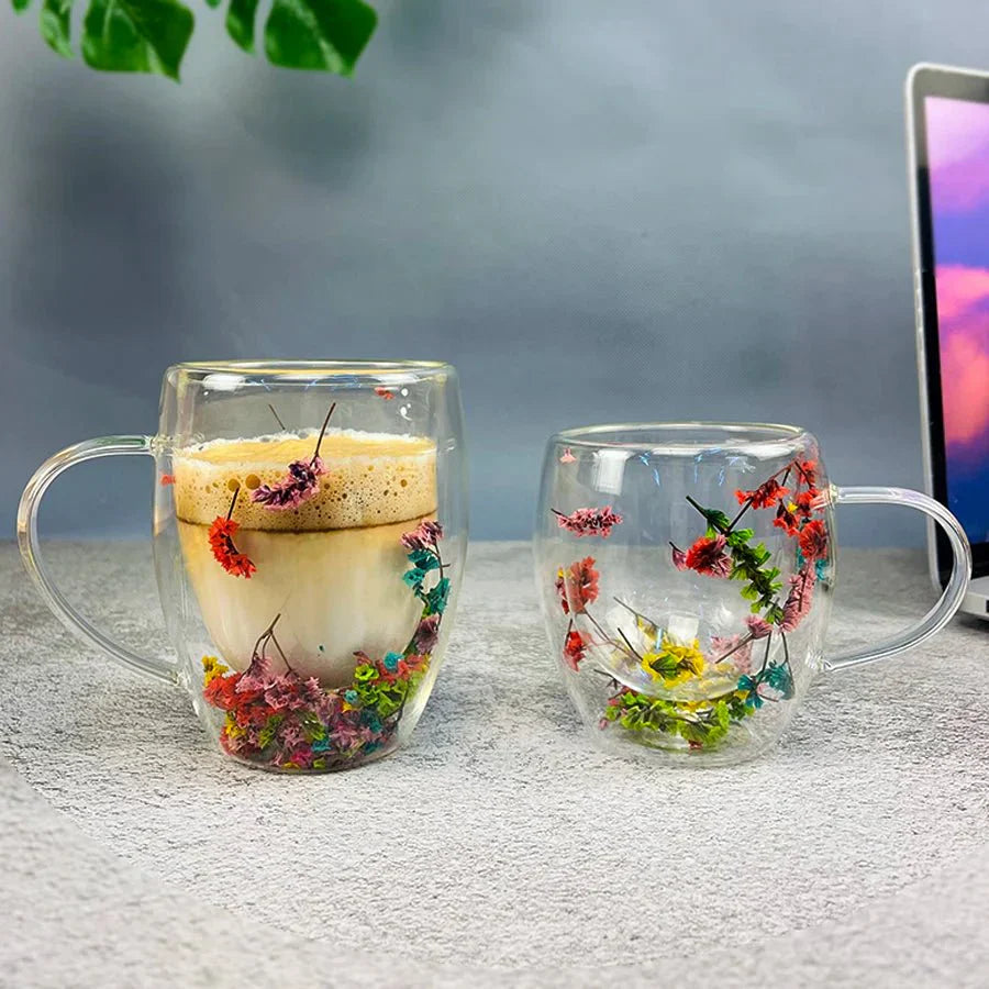 Double Wall Insulated Floral Glass Coffee Mugs