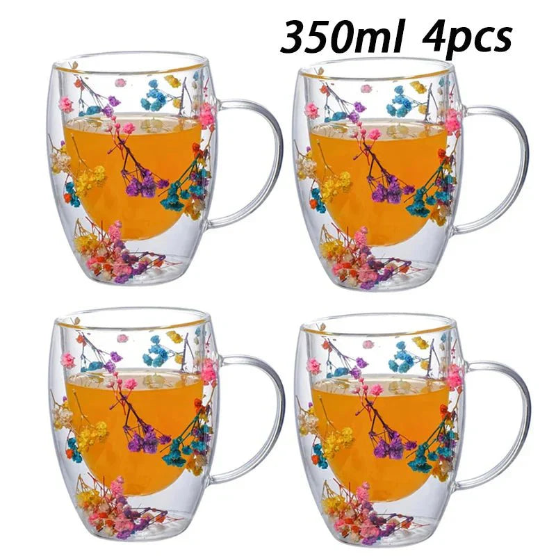 Double Wall Insulated Floral Glass Coffee Mugs