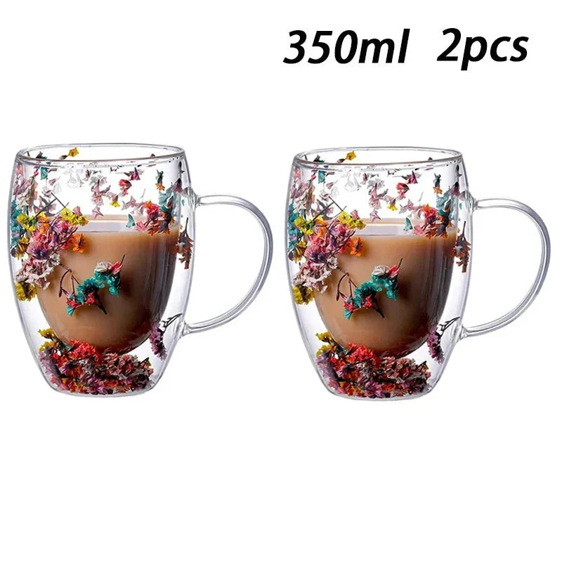 Double Wall Insulated Floral Glass Coffee Mugs