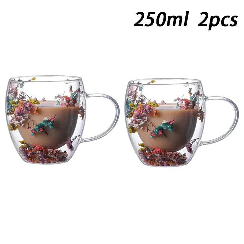 Double Wall Insulated Floral Glass Coffee Mugs