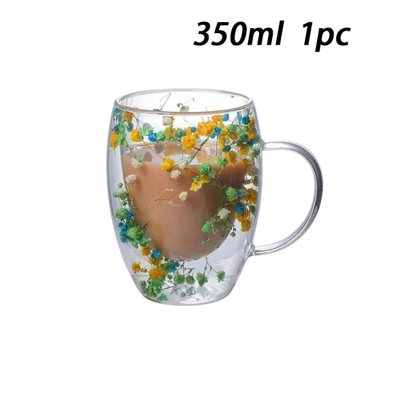 Double Wall Insulated Floral Glass Coffee Mugs