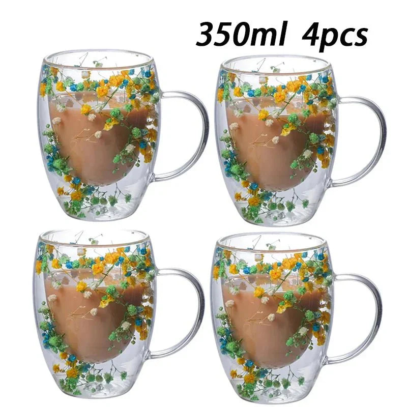 Double Wall Insulated Floral Glass Coffee Mugs