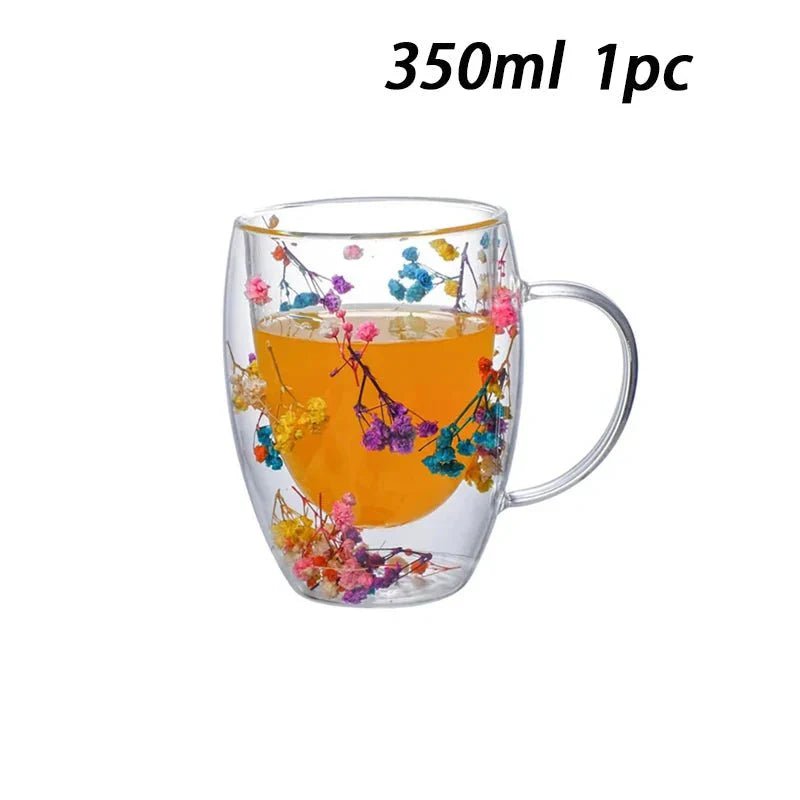 Double Wall Insulated Floral Glass Coffee Mugs