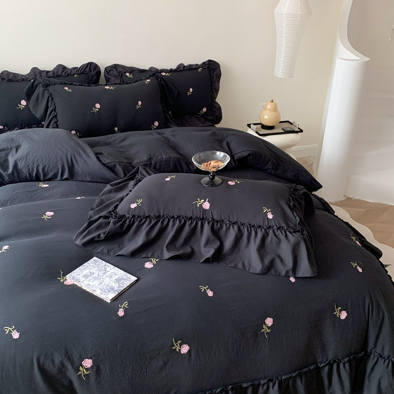 Rose Embroidered Ruffle Duvet Cover & Sham Set