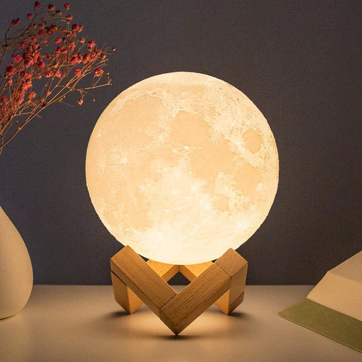 Lampe lune étoilée D5 8 cm – Veilleuse LED avec support, parfaite pour la décoration de chambre et les cadeaux