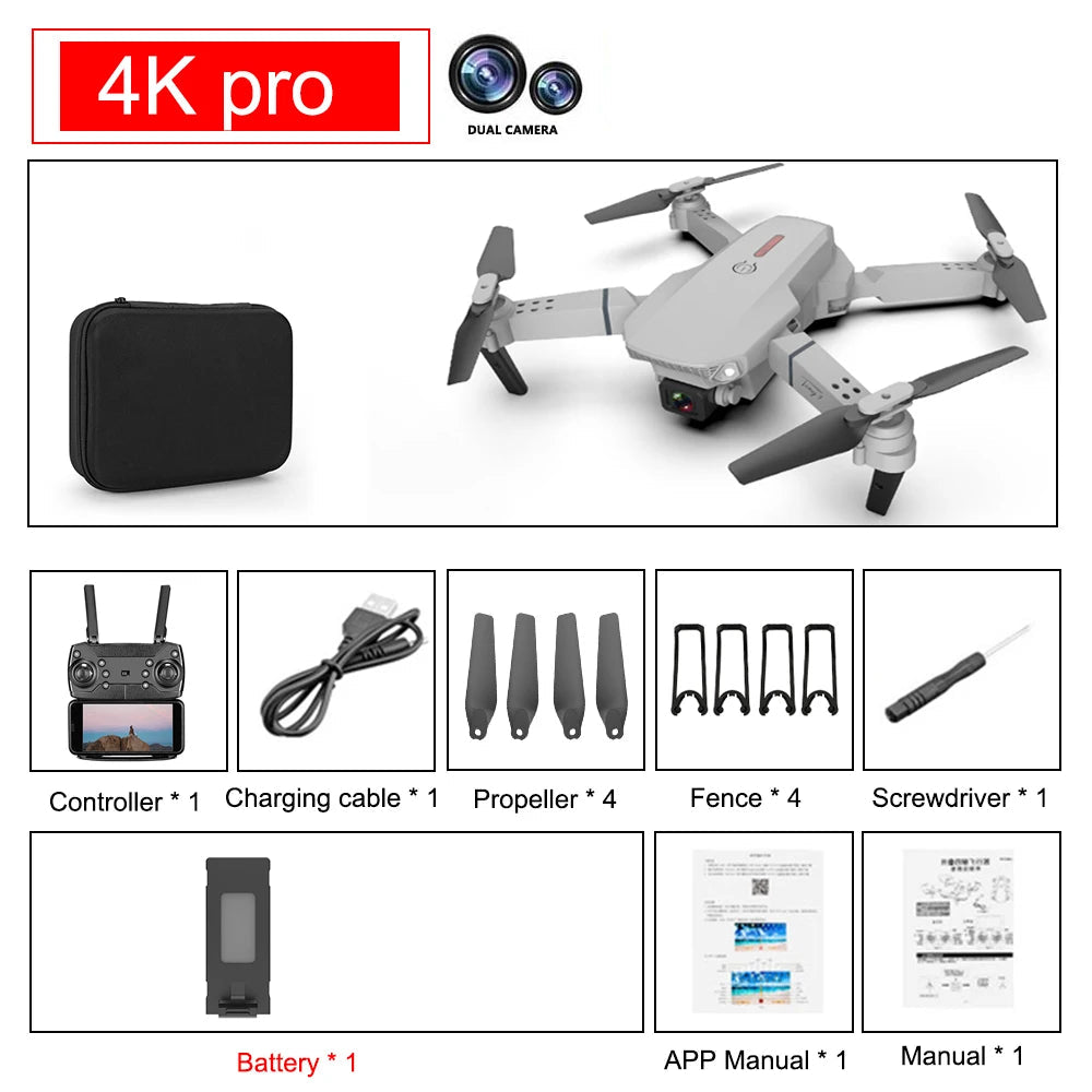 E88 Pro Skládací Kvadrikoptéra - WIFI FPV, HD 4K Kamera, Udržení Výšky