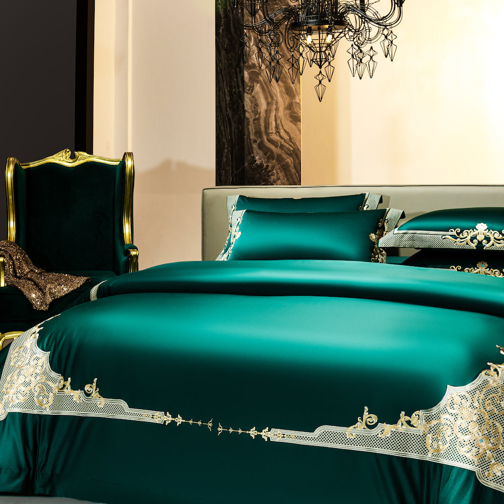 Emerald Green Golden Jacquard Duvet Cover Set