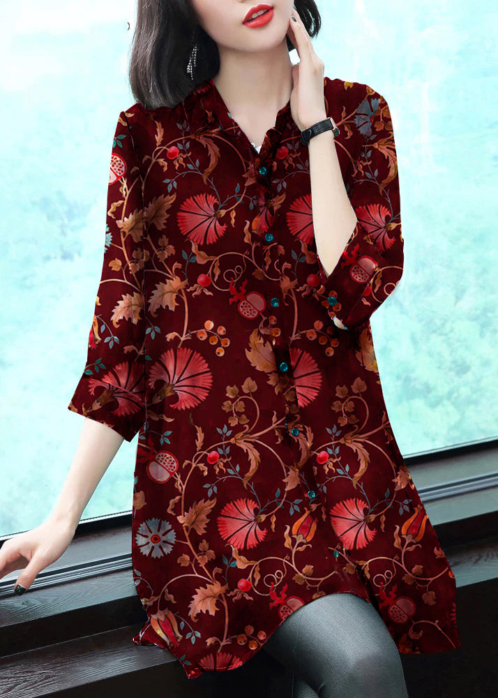 Stylish Peter Pan Collar Button Print Chiffon Shirt Tops Summer