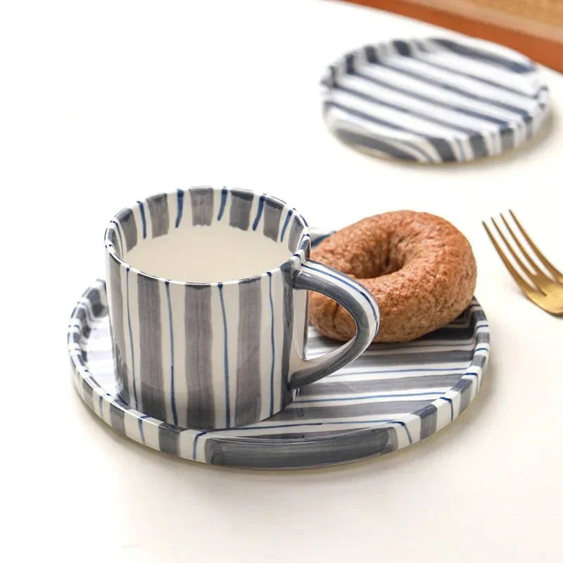 Hand Drawn Striped Ceramic Mug & Saucer Set