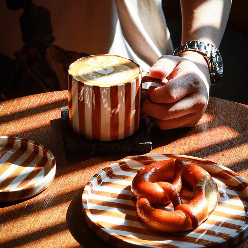 Hand Drawn Striped Ceramic Mug & Saucer Set