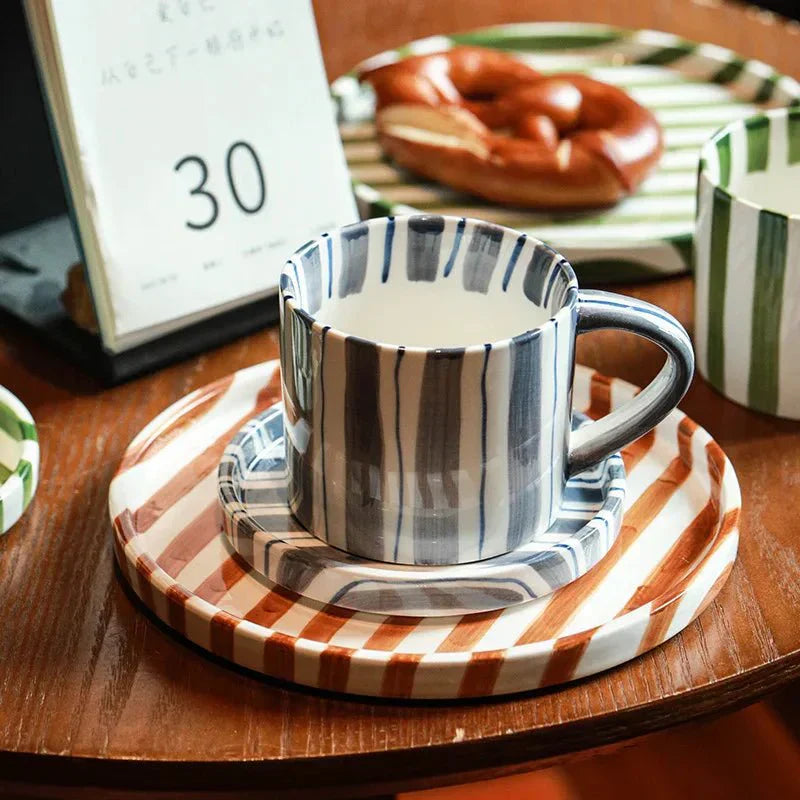 Hand Drawn Striped Ceramic Mug & Saucer Set