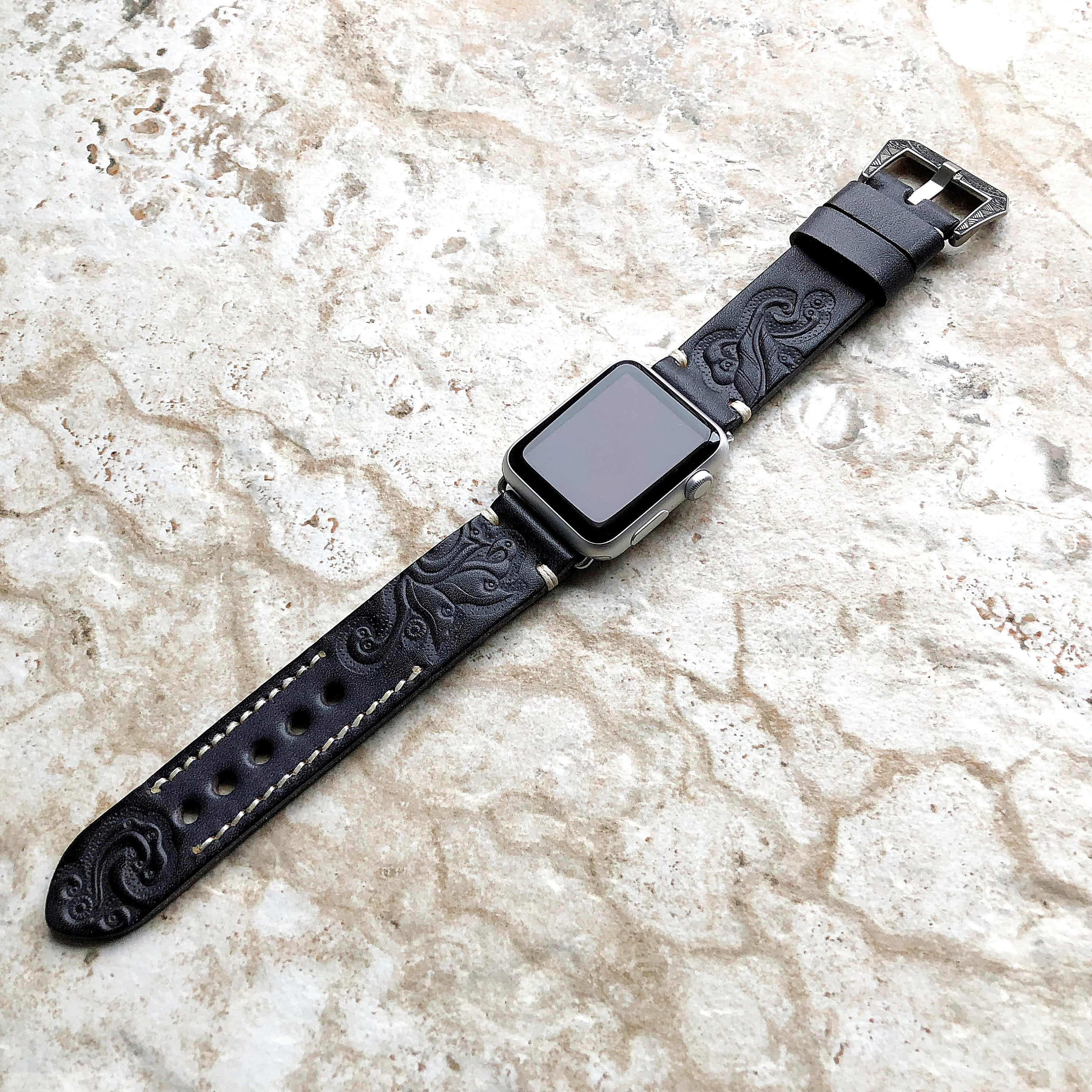 Hand-engraved embossed leather strap for apple watch