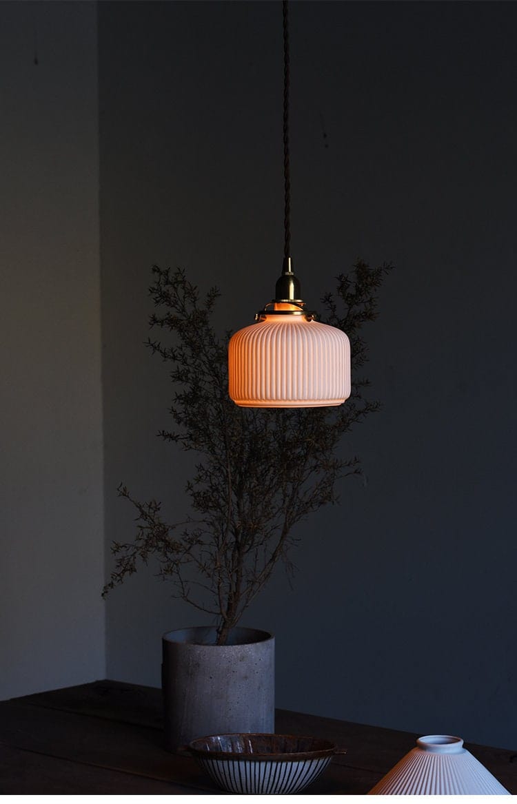 Ceramic Ribbed Pendant LED Light in Japanese Lantern Shape - Bulb Included