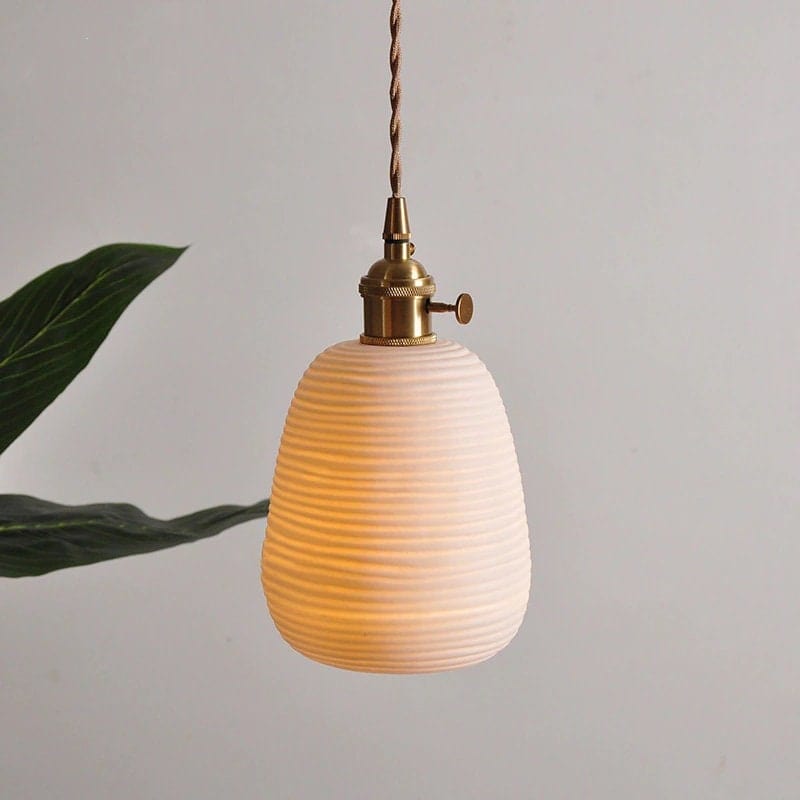 Ceramic Ribbed Pendant LED Light in Japanese Lantern Shape - Bulb Included