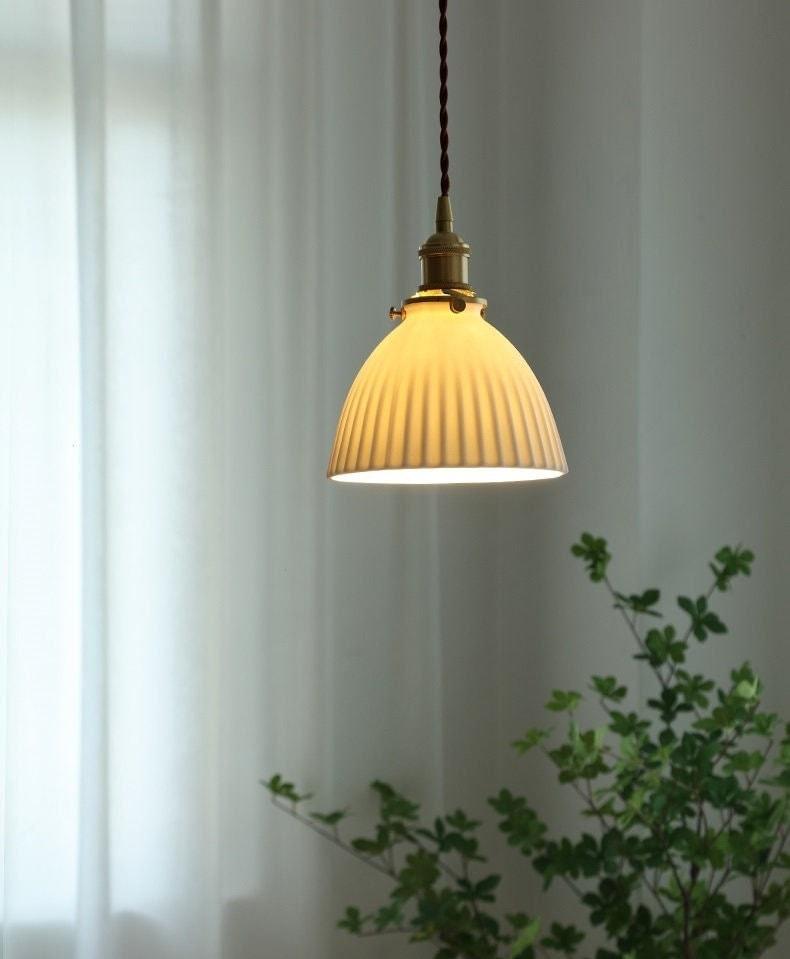 Ceramic Ribbed Pendant LED Light in Japanese Pleated Cup Shape - Bulb Included