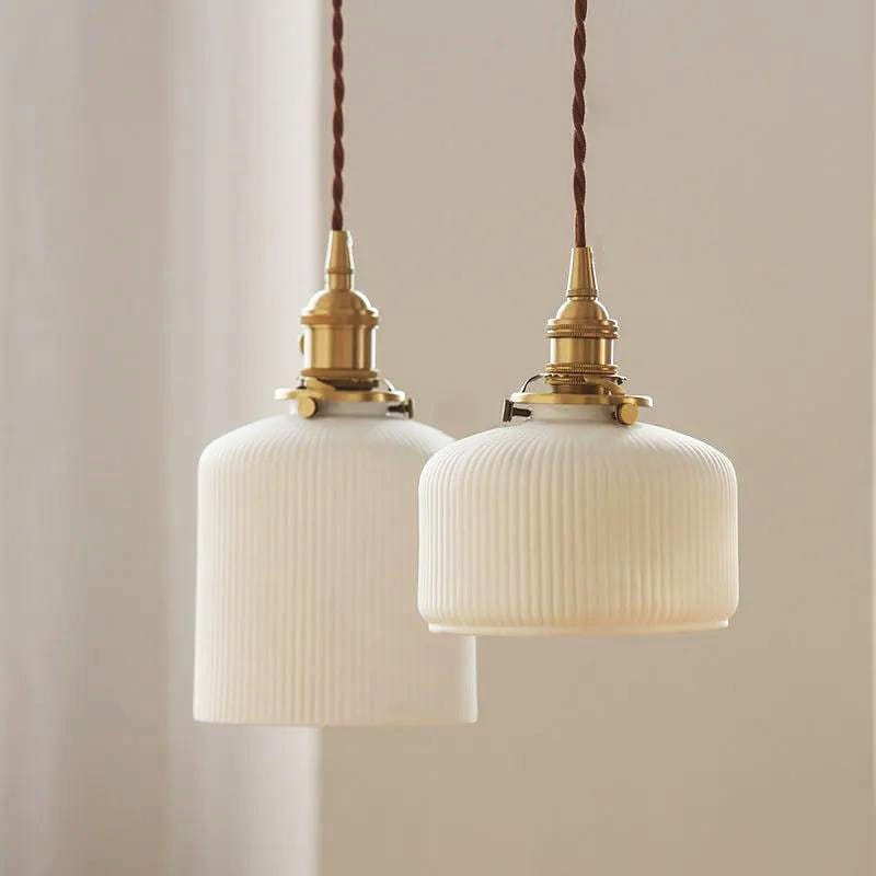 Ceramic Ribbed Pendant LED Light in Japanese Short Cylinder Shape - Bulb Included