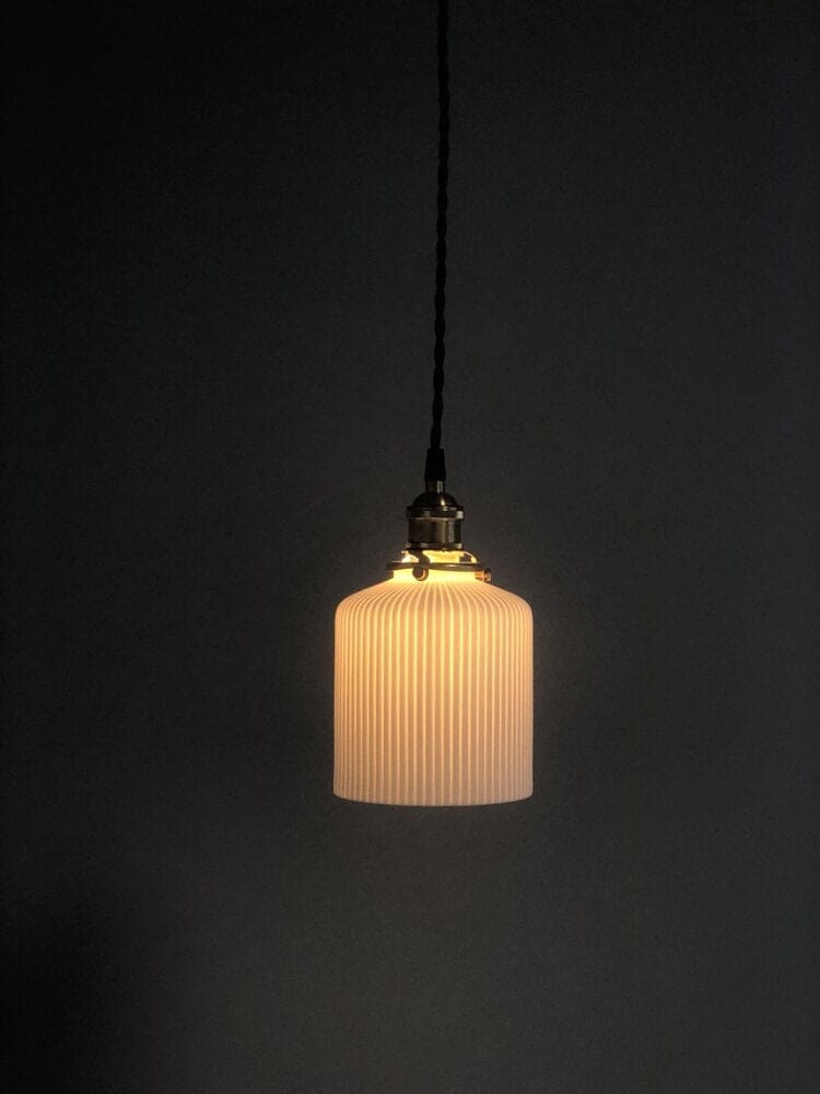 Ceramic Ribbed Pendant LED Light in Japanese Short Cylinder Shape - Bulb Included