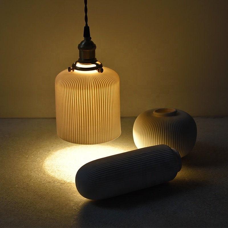 Ceramic Ribbed Pendant LED Light in Japanese Long Cylinder Shape - Bulb Included