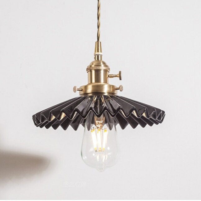 Glazed Ceramic Pleated Tutu Pendant LED Light in Art Deco Style - Bulb Included