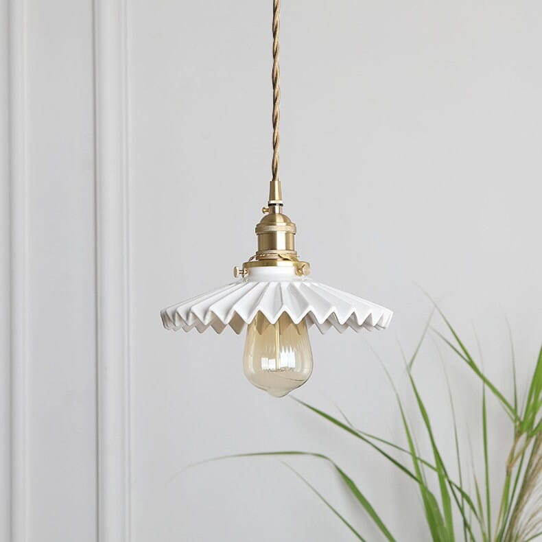 Glazed Ceramic Pleated Tutu Pendant LED Light in Art Deco Style - Bulb Included