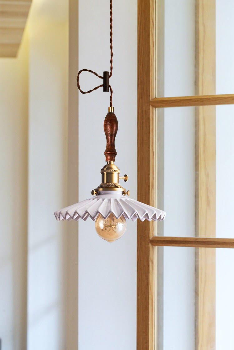 Glazed Ceramic Pleated Tutu Pendant LED Light in Art Deco Style - Bulb Included