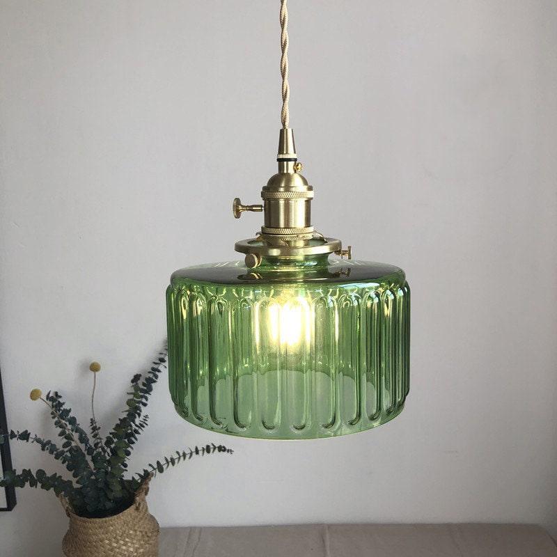 Lampe suspendue à cylindre court en verre cannelé de style vintage - Ampoule incluse