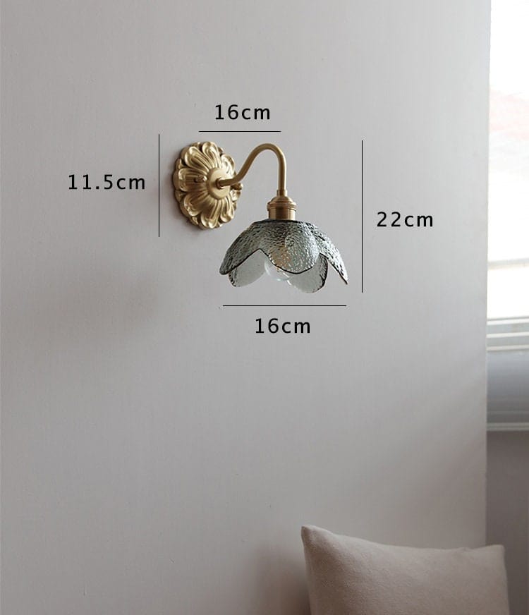 Seeded Glass Lotus Flower Wall Light with Brushed Brass Carved Flower Lamp Fixture - Bulb Included