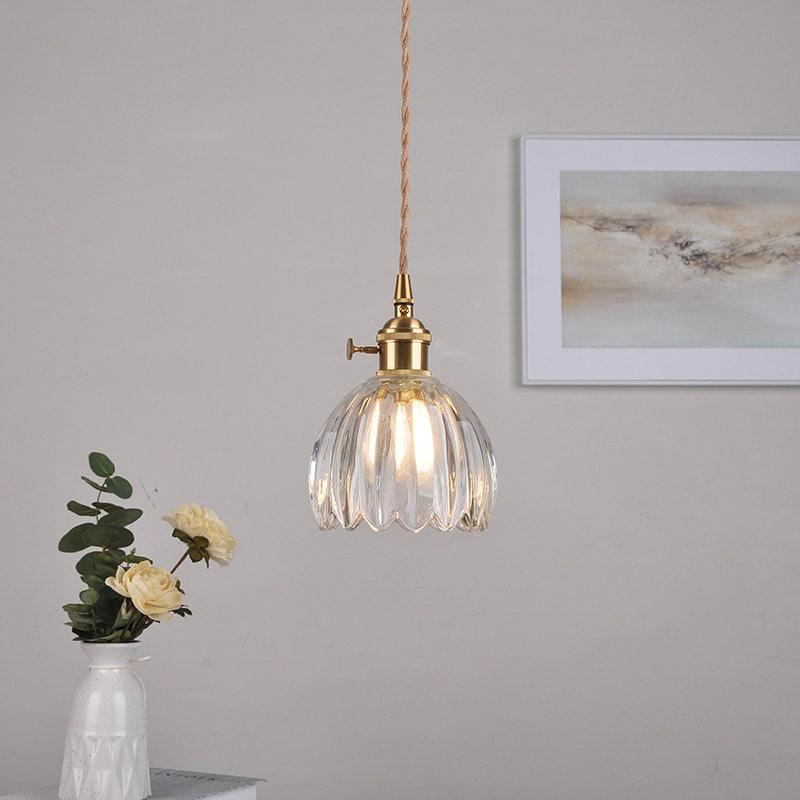 Pequeña lámpara LED colgante con forma de flor de cristal en estilo vintage - Bombilla incluida