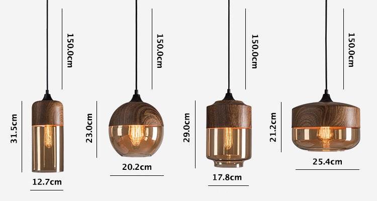 Nordycka metalowa lampa wisząca LED z drewnianym wykończeniem i kloszem w kolorze herbaty - żarówka w zestawie