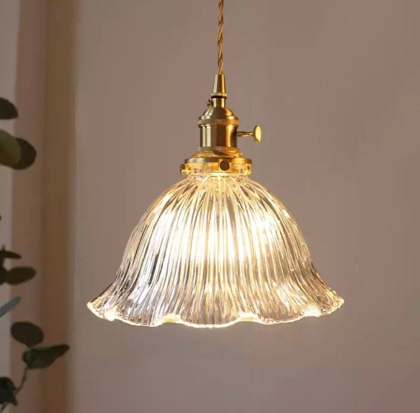 Classic Fluted Glass Flower Pendant LED Light in French Vintage Style - Bulb Included