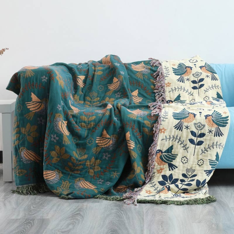 Couverture en laine réversible avec motif d'oiseaux scandinaves