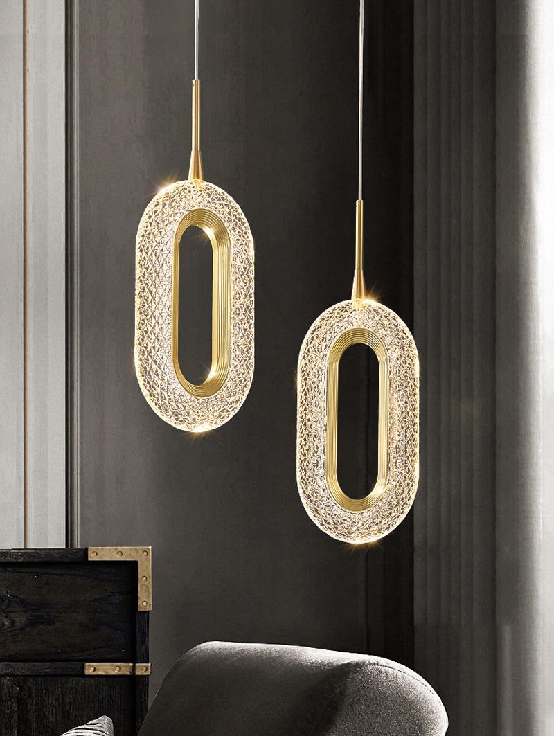 Lussuosa lampada a sospensione in oro con anello di diamanti - Apparecchio di illuminazione moderno ispirato al cristallo