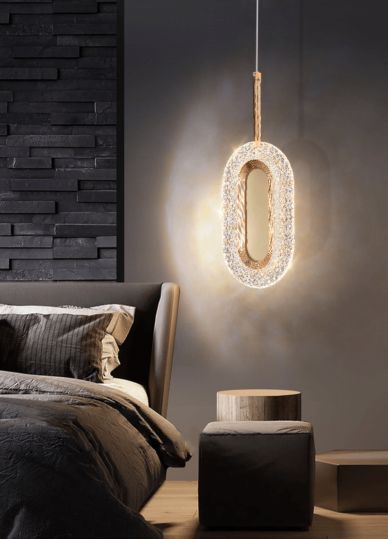 Lussuosa lampada a sospensione in oro con anello di diamanti - Apparecchio di illuminazione moderno ispirato al cristallo